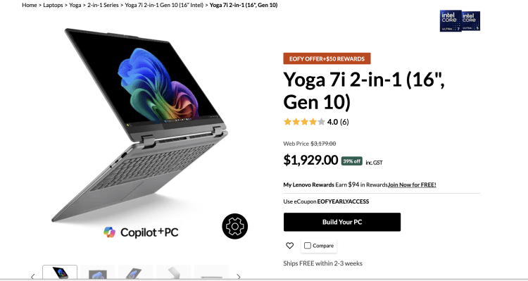 Lenovo: Yoga 7i 2-in-1 (16″, Gen 10) – 39% Off – $1,929 + $50 Rewards